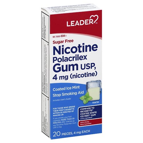 Image for Leader Nicotine Polacrilex Gum, 4 mg, Coated Ice Mint,20ea from CENTRAL CITY FAMILY PHARMACY